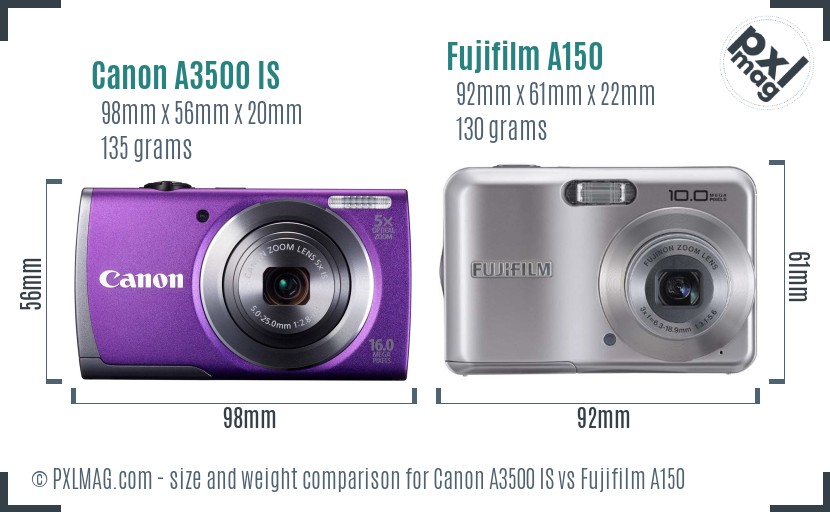 Canon A3500 IS vs Fujifilm A150 size comparison