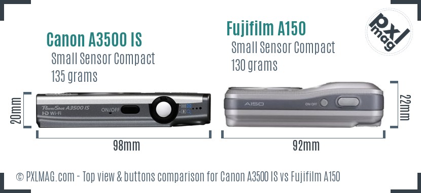 Canon A3500 IS vs Fujifilm A150 top view buttons comparison