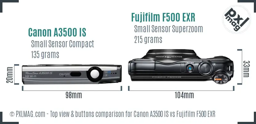 Canon A3500 IS vs Fujifilm F500 EXR top view buttons comparison Canon A3500 IS vs Fujifilm F500 EXR top view buttons comparison