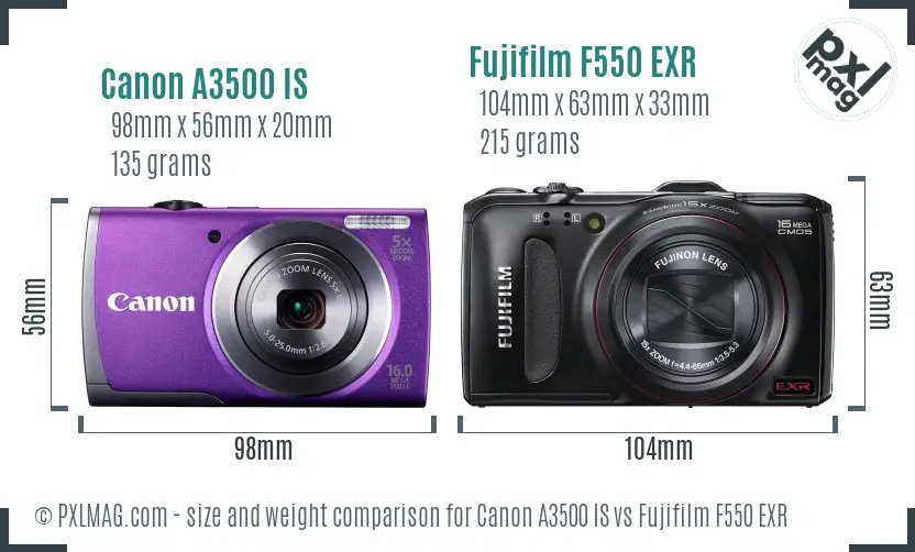 Canon A3500 IS vs Fujifilm F550 EXR size comparison