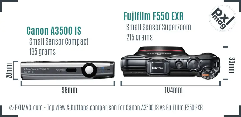 Canon A3500 IS vs Fujifilm F550 EXR top view buttons comparison