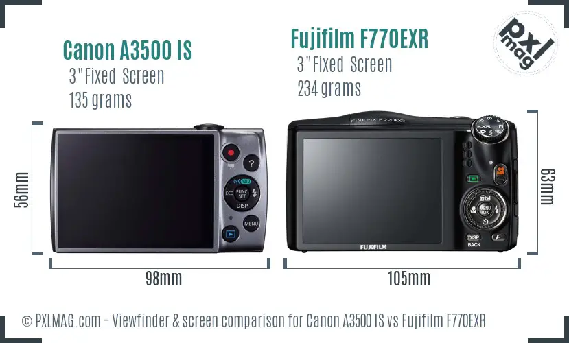 Canon A3500 IS vs Fujifilm F770EXR Screen and Viewfinder comparison