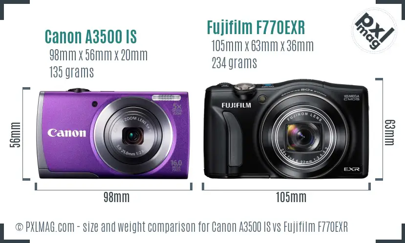 Canon A3500 IS vs Fujifilm F770EXR size comparison