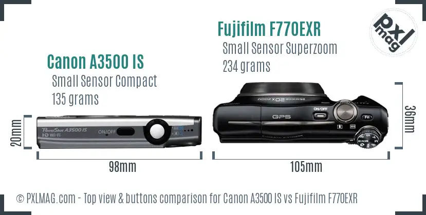 Canon A3500 IS vs Fujifilm F770EXR top view buttons comparison