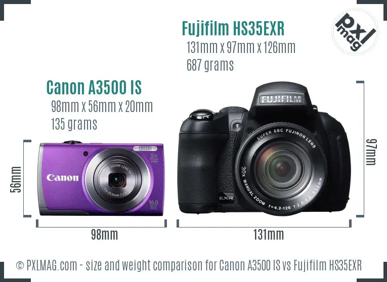 Canon A3500 IS vs Fujifilm HS35EXR size comparison