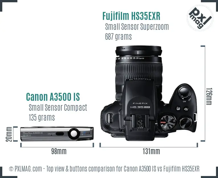 Canon A3500 IS vs Fujifilm HS35EXR top view buttons comparison