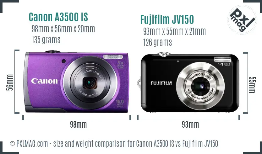 Canon A3500 IS vs Fujifilm JV150 size comparison
