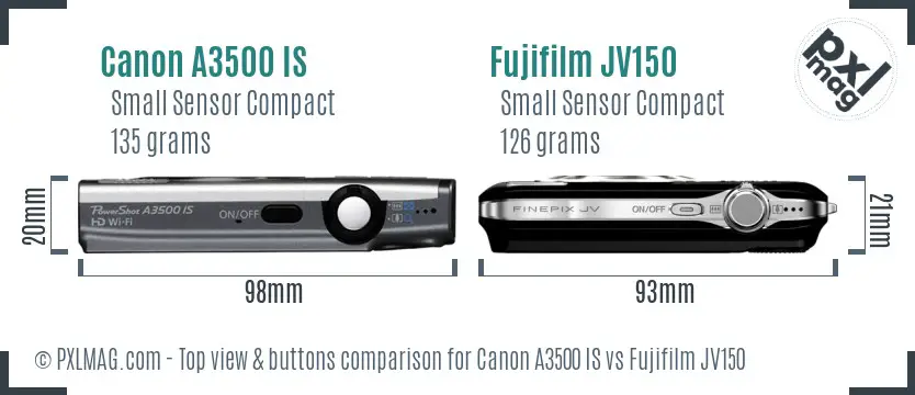 Canon A3500 IS vs Fujifilm JV150 top view buttons comparison