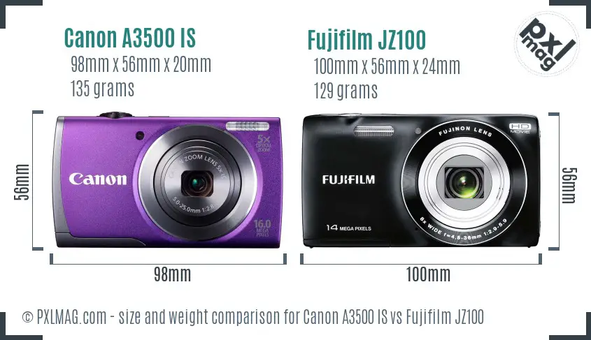Canon A3500 IS vs Fujifilm JZ100 size comparison