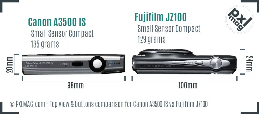 Canon A3500 IS vs Fujifilm JZ100 top view buttons comparison