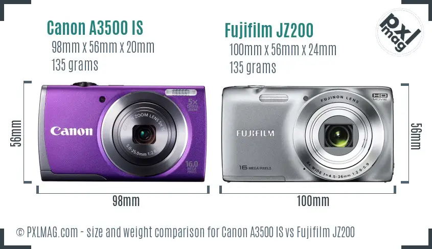 Canon A3500 IS vs Fujifilm JZ200 size comparison