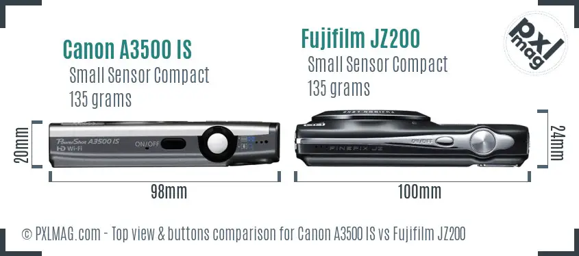 Canon A3500 IS vs Fujifilm JZ200 top view buttons comparison