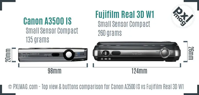 Canon A3500 IS vs Fujifilm Real 3D W1 top view buttons comparison Canon A3500 IS vs Fujifilm Real 3D W1 top view buttons comparison