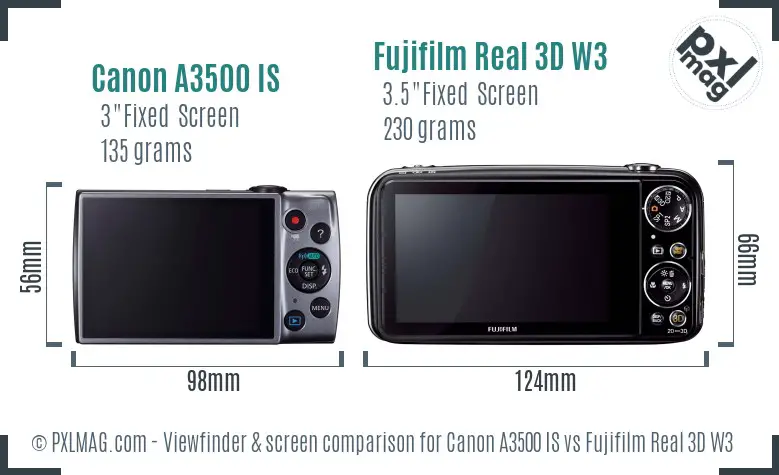 Canon A3500 IS vs Fujifilm Real 3D W3 Screen and Viewfinder comparison