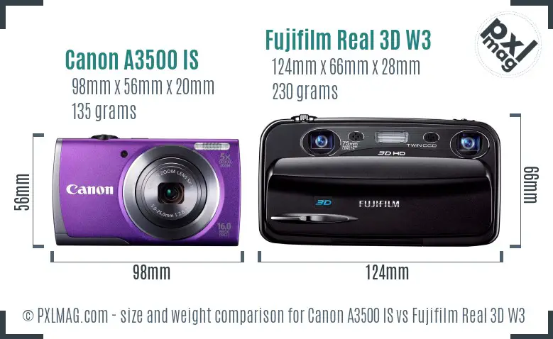 Canon A3500 IS vs Fujifilm Real 3D W3 size comparison