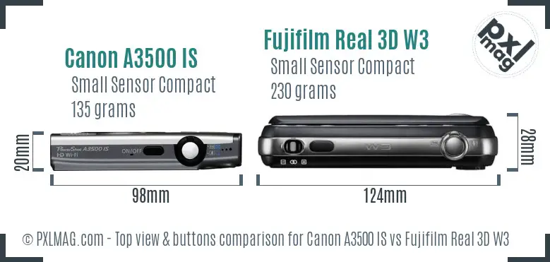 Canon A3500 IS vs Fujifilm Real 3D W3 top view buttons comparison