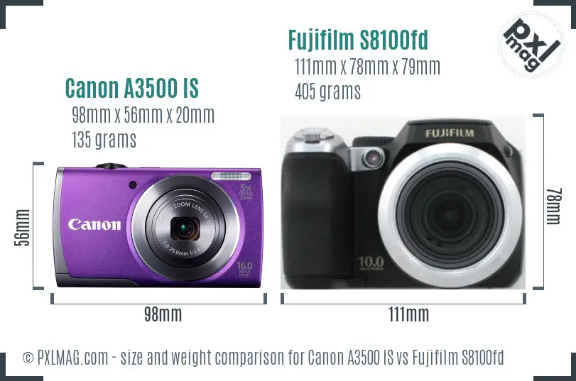 Canon A3500 IS vs Fujifilm S8100fd size comparison