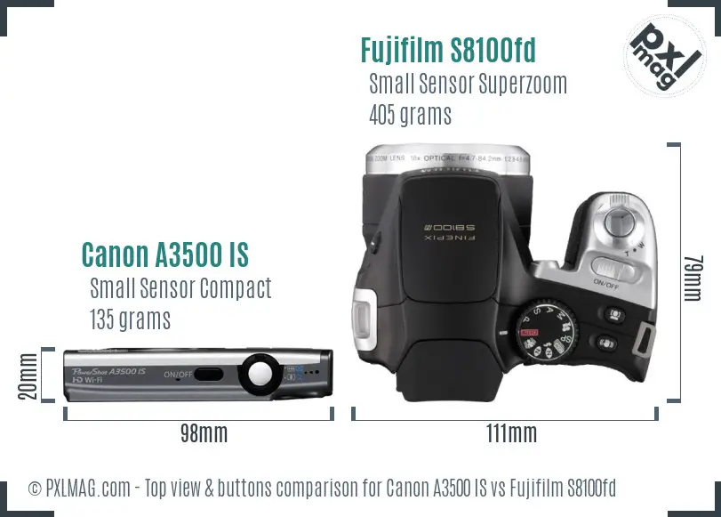 Canon A3500 IS vs Fujifilm S8100fd top view buttons comparison