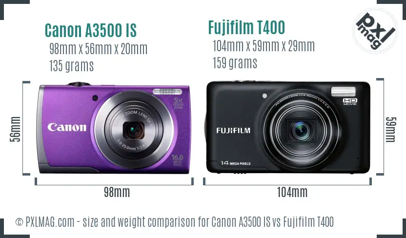 Canon A3500 IS vs Fujifilm T400 size comparison