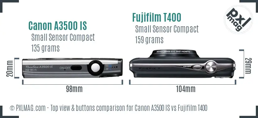 Canon A3500 IS vs Fujifilm T400 top view buttons comparison