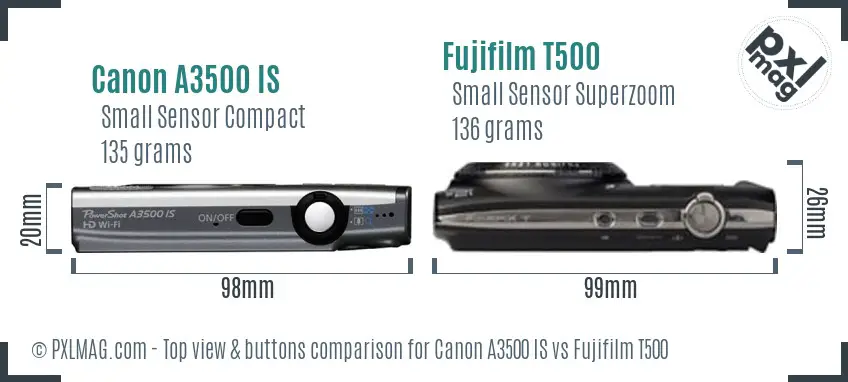 Canon A3500 IS vs Fujifilm T500 top view buttons comparison