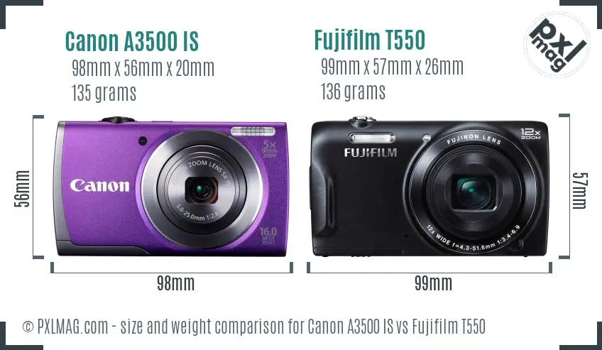Canon A3500 IS vs Fujifilm T550 size comparison