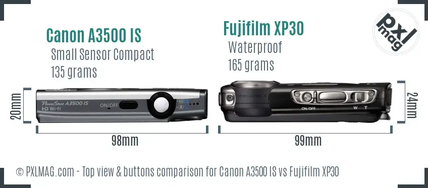 Canon A3500 IS vs Fujifilm XP30 top view buttons comparison