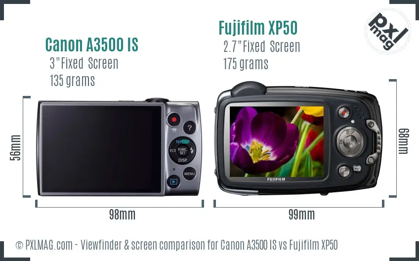 Canon A3500 IS vs Fujifilm XP50 Screen and Viewfinder comparison