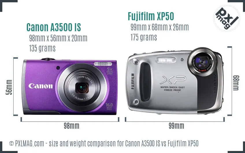 Canon A3500 IS vs Fujifilm XP50 size comparison