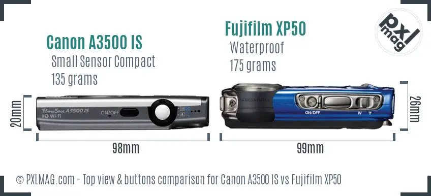 Canon A3500 IS vs Fujifilm XP50 top view buttons comparison