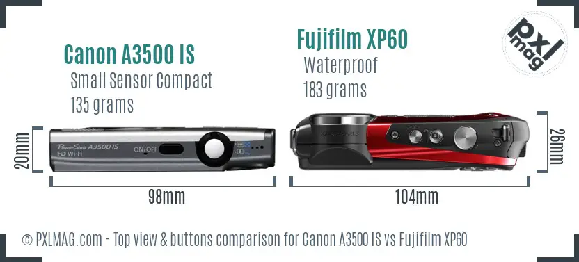 Canon A3500 IS vs Fujifilm XP60 top view buttons comparison Canon A3500 IS vs Fujifilm XP60 top view buttons comparison