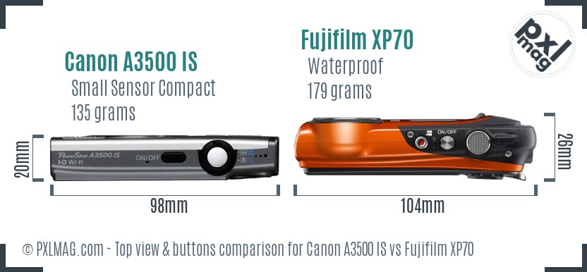 Canon A3500 IS vs Fujifilm XP70 top view buttons comparison
