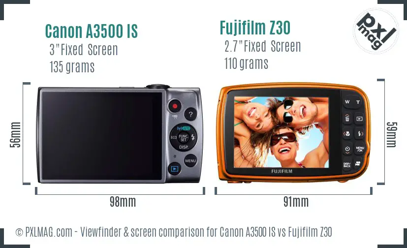Canon A3500 IS vs Fujifilm Z30 Screen and Viewfinder comparison
