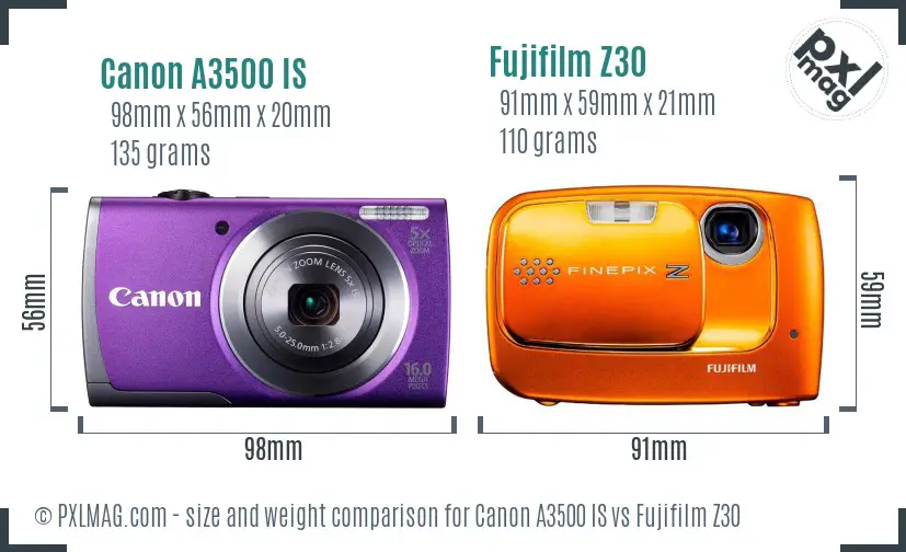 Canon A3500 IS vs Fujifilm Z30 size comparison
