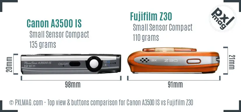 Canon A3500 IS vs Fujifilm Z30 top view buttons comparison