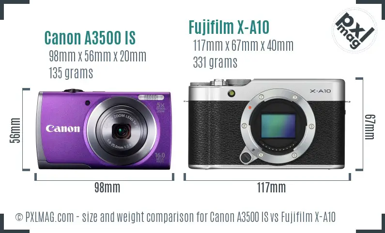Canon A3500 IS vs Fujifilm X-A10 size comparison