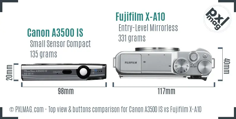 Canon A3500 IS vs Fujifilm X-A10 top view buttons comparison