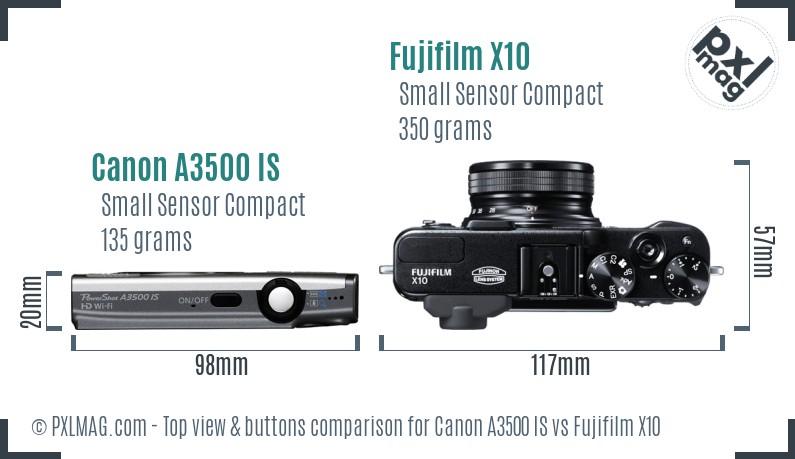 Canon A3500 IS vs Fujifilm X10 top view buttons comparison