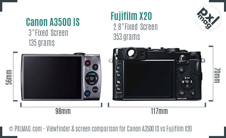 Canon A3500 IS vs Fujifilm X20 Screen and Viewfinder comparison