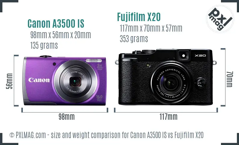 Canon A3500 IS vs Fujifilm X20 size comparison