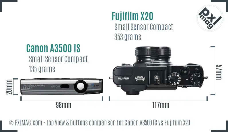 Canon A3500 IS vs Fujifilm X20 top view buttons comparison
