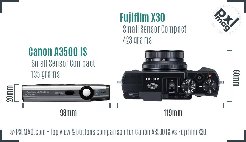 Canon A3500 IS vs Fujifilm X30 top view buttons comparison
