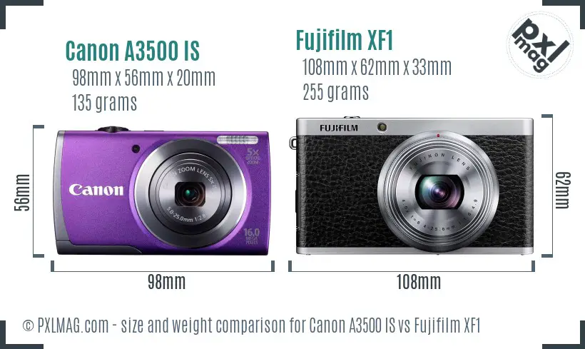 Canon A3500 IS vs Fujifilm XF1 size comparison