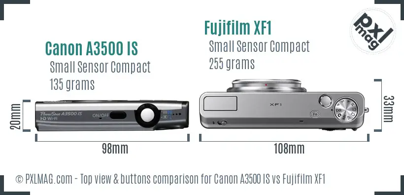 Canon A3500 IS vs Fujifilm XF1 top view buttons comparison