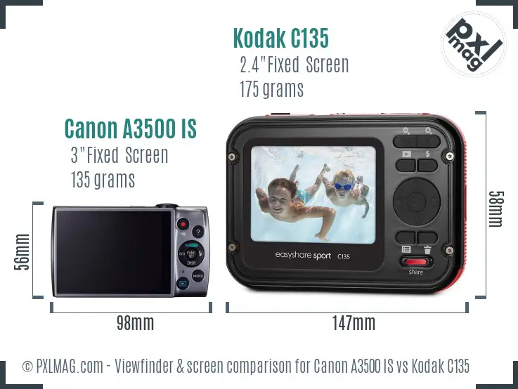 Canon A3500 IS vs Kodak C135 Screen and Viewfinder comparison
