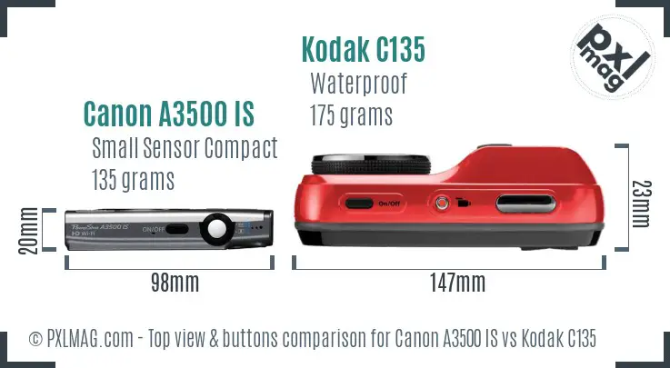 Canon A3500 IS vs Kodak C135 top view buttons comparison