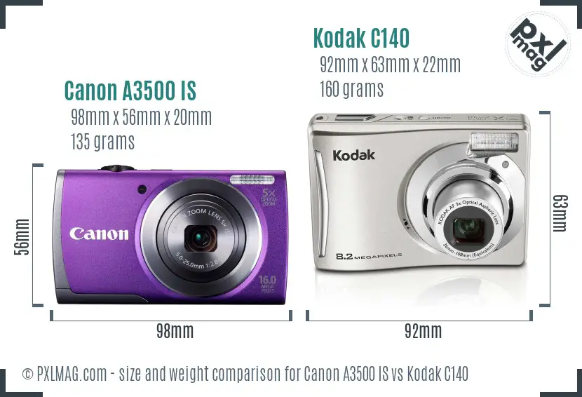 Canon A3500 IS vs Kodak C140 size comparison