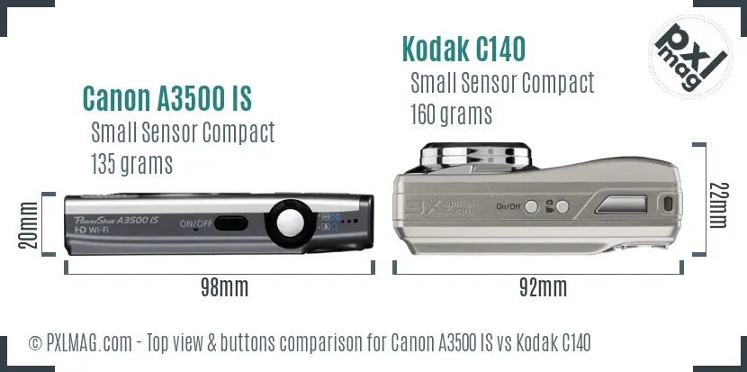 Canon A3500 IS vs Kodak C140 top view buttons comparison