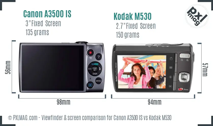 Canon A3500 IS vs Kodak M530 Screen and Viewfinder comparison