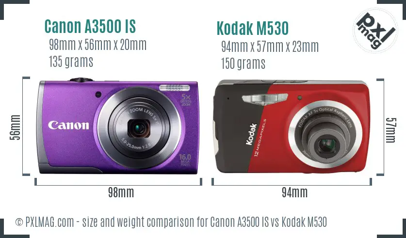 Canon A3500 IS vs Kodak M530 size comparison